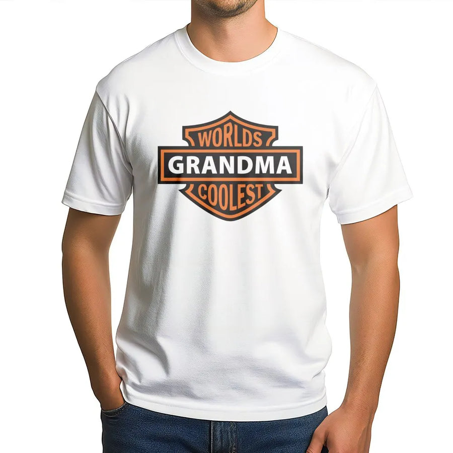 Worlds Coolest Grandma T-Shirt | Biker Club Emblem Style Design | Premium Soft Cotton | Fun Gift Idea for Motorcycle Riding Grandmother