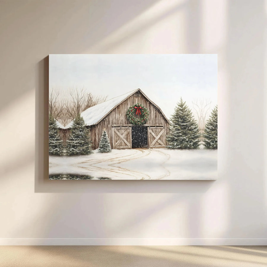Winter Barn Canvas Wall Art | Snowy Landscape With Christmas Wreath | Premium Fade-Resistant Gallery Wrap | Festive Holiday Farmhouse Home Decor