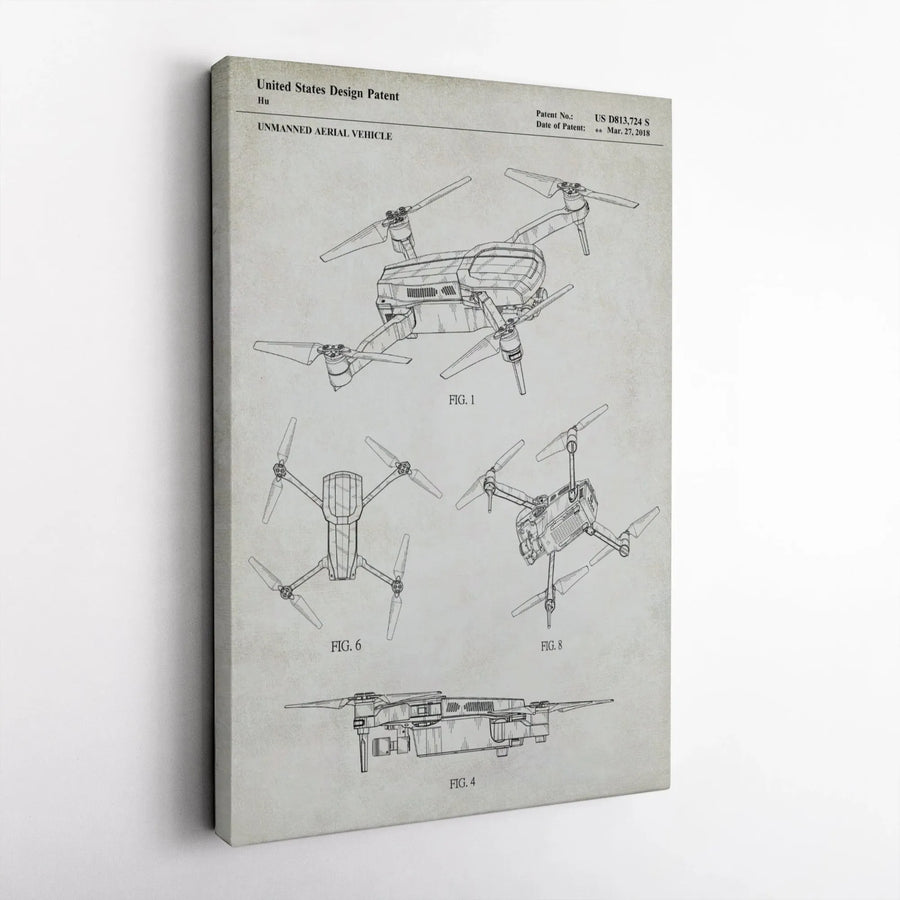 Drone Patent Art Canvas | Unmanned Aerial Vehicle Blueprint | Premium Gallery Wrap Print | Gift for Drone Pilot or Engineer