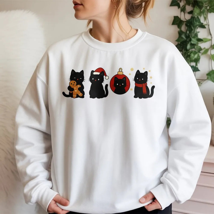 Black Cat Christmas Sweatshirt | Cute Gingerbread Kitten Graphic | Premium Cozy Fleece Pullover | Holiday Gift For Cat Lovers