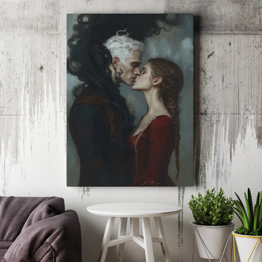 Dark Fantasy Romance Canvas Print | Gothic Couple Kissing Wall Art | Premium Gallery-Wrapped Portrait | Moody Bedroom Decor Gift for Her