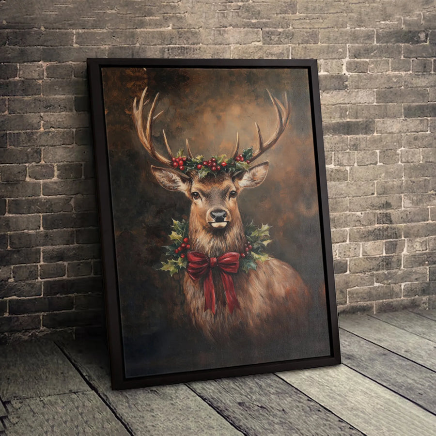 Christmas Stag Canvas Wall Art | Rustic Deer with Holly Wreath and Red Bow | Premium Gallery-Wrapped Print | Festive Holiday Home Decor Gift