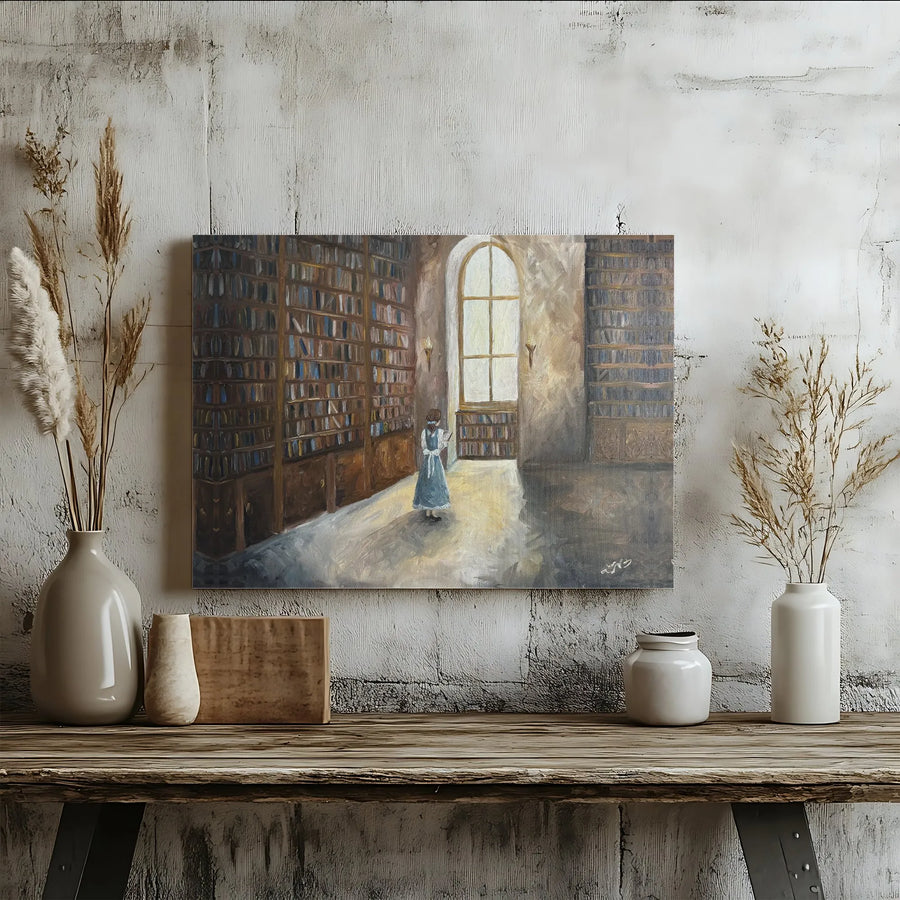 Girl Reading In Library Canvas | Impressionist Book Lover Art | Premium Gallery Wrapped Print | Academic Aesthetic Wall Decor For Home Office