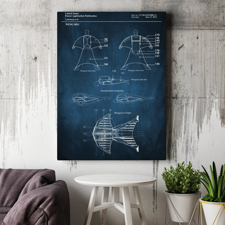 Wingsuit Patent Blueprint Canvas Wall Art | Aviation Technical Drawing | Premium Gallery Wrap Decor | Gift for Pilots & Engineers