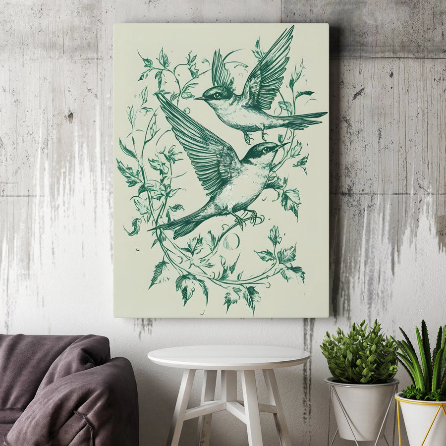 Flying Bird Wall Art | Botanical Linocut Style Illustration | Premium Gallery Wrapped Canvas | Nature Lover Home Decor Gift
