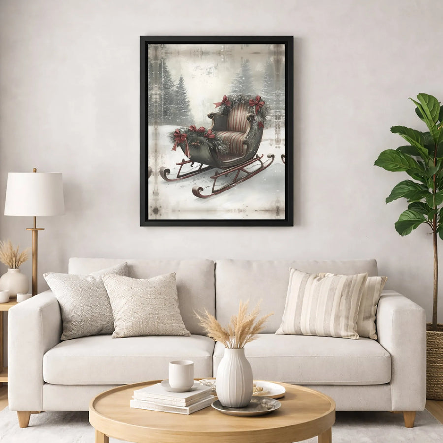 Vintage Christmas Sleigh Canvas Print | Snowy Winter Forest Scene With Red Bows | Premium Gallery Wrapped Decor | Festive Holiday Wall Art Gift