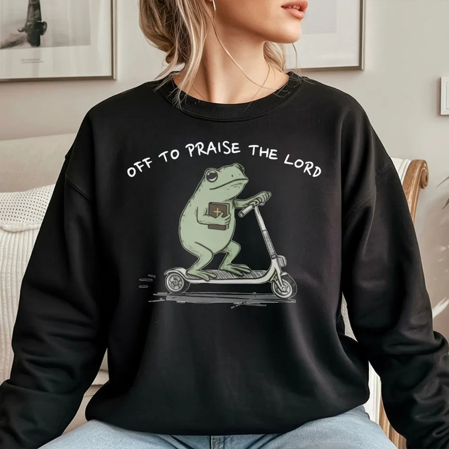 Funny Frog Praise The Lord Sweatshirt | Religious Faith Graphic Sweater | Premium Cotton Blend Crewneck | Christian Gift for Bible Study Lovers