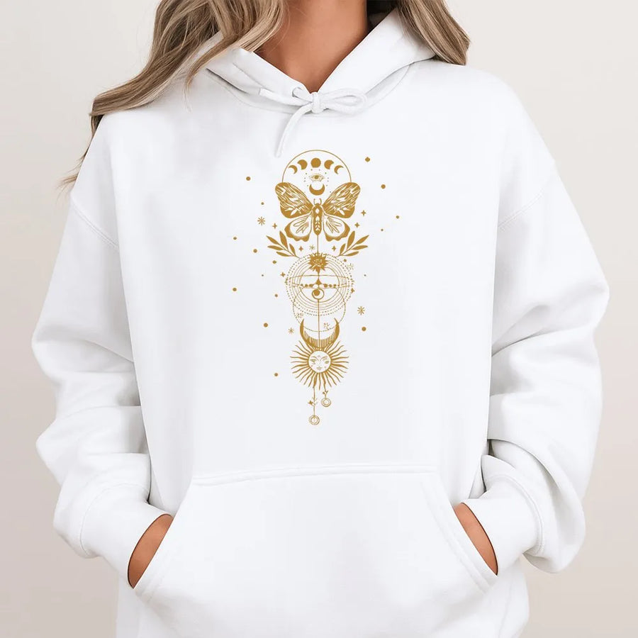 Celestial Hoodie | Vintage Sun Moon & Moth Graphic | Soft Cotton Blend | Witchy Boho Astrology Gift for Women