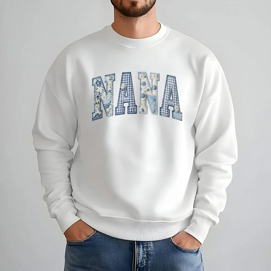 Nana Sweatshirt | Blue Floral Gingham Patchwork Style Letters | Premium Cotton Graphic Tee | Gift for Grandma, Mother's Day Present