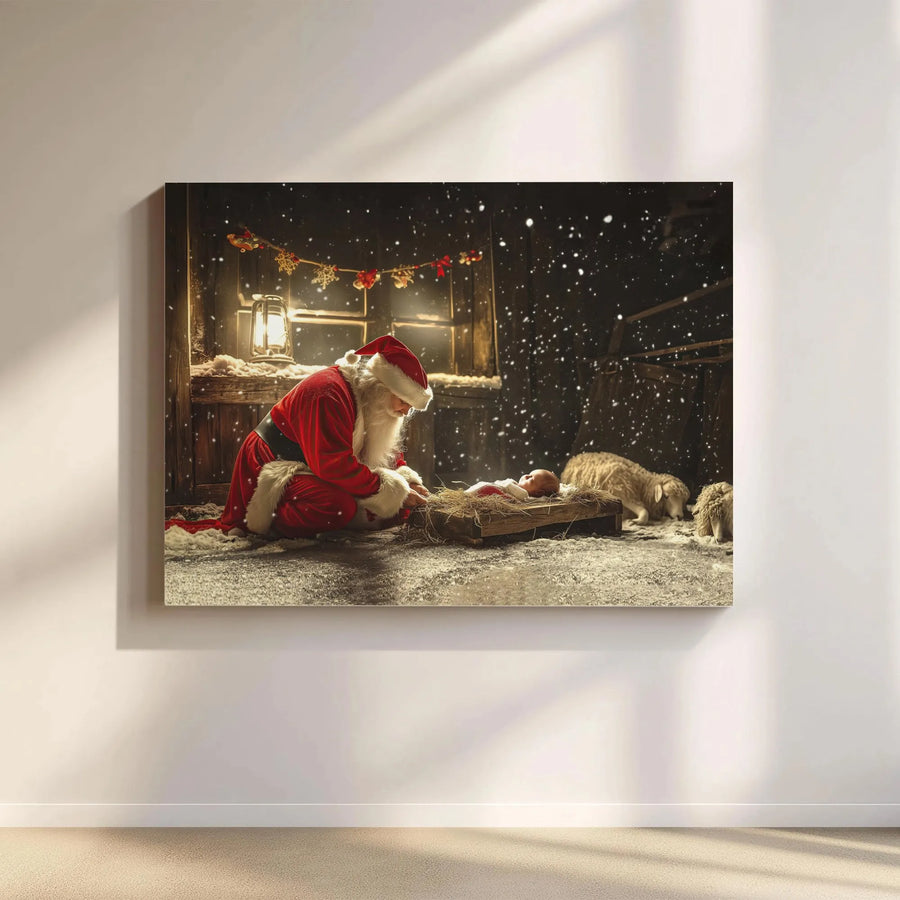 Santa Kneeling at Manger Canvas Art | Christian Nativity Scene Print | Premium Fade-Resistant Gallery Wrap | Religious Christmas Home Decor Gift