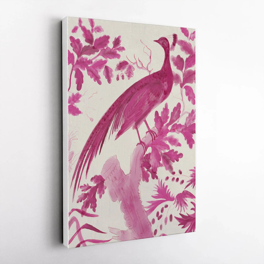 Pink Chinoiserie Bird Vertical Canvas | Elegant Watercolor Wall Art | Premium Gallery Wrapped Print | Modern Minimalist Home Decor Gift