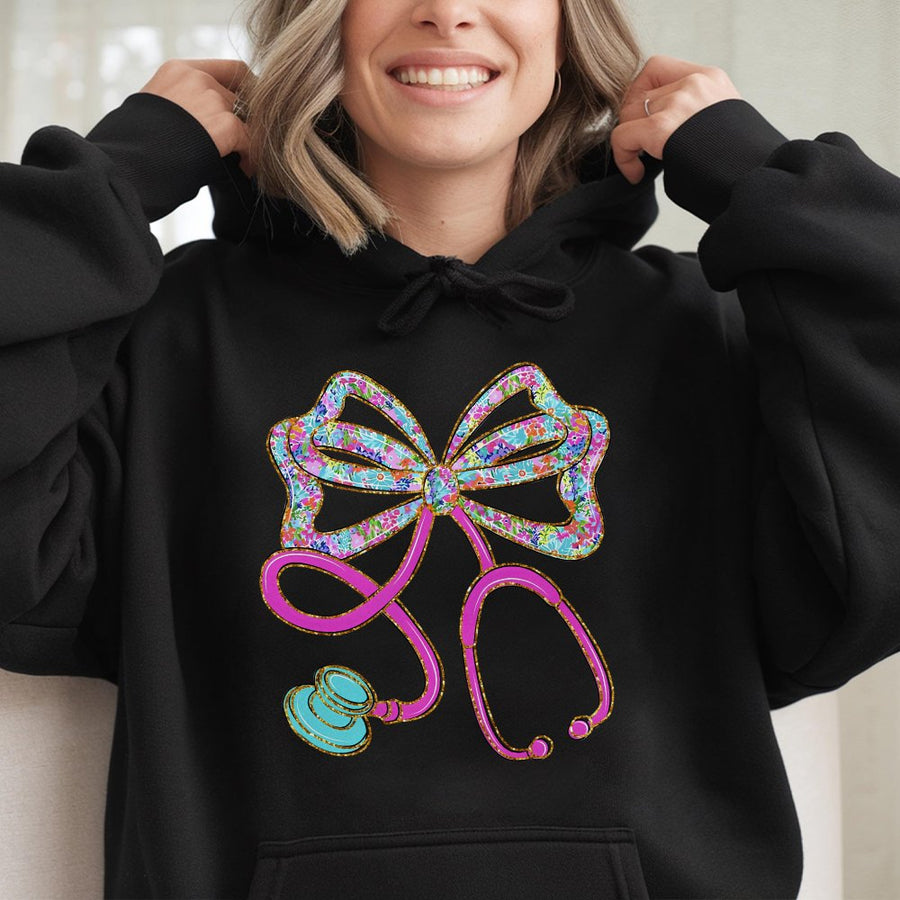 Floral Stethoscope Bow Hoodie | Preppy Nurse Graphic Print | Premium Cotton-Blend Sweatshirt | Cute Gift for Nursing Students and RNs