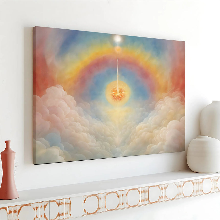 Spiritual Rainbow Canvas Art | Divine Sun Light Over Clouds Print | Gallery Wrap 1.25" Premium Decor | Serene Religious Wall Art Gift