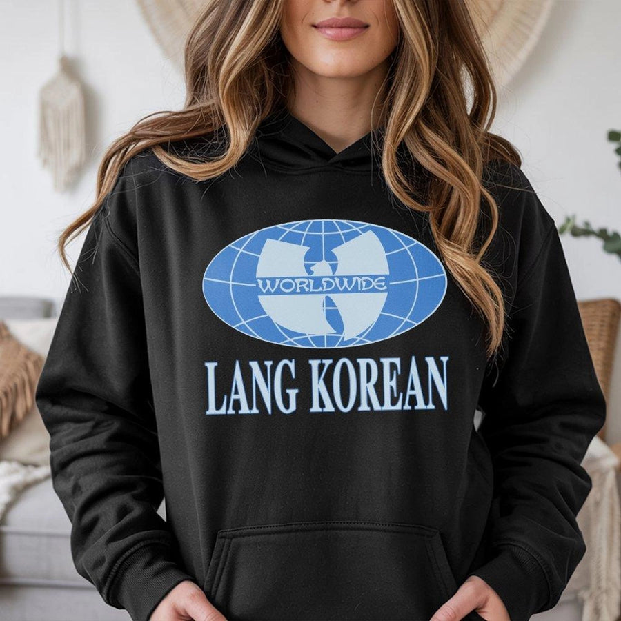 Lang Korean Graphic Hoodie | Worldwide Globe Streetwear Design | Premium Cotton-Blend Fleece | Unisex Trendy Oversized Fit Gift
