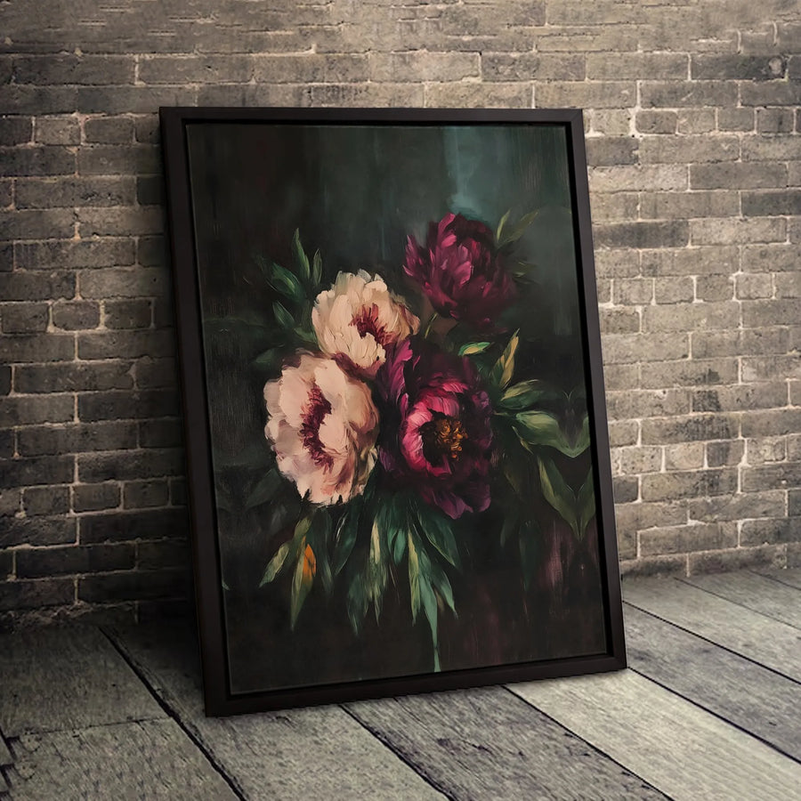 Dark Moody Floral Wall Art | Peony Bouquet Oil Painting Print | Gallery Quality 1.25" Thick Canvas | Modern Home Decor Gift