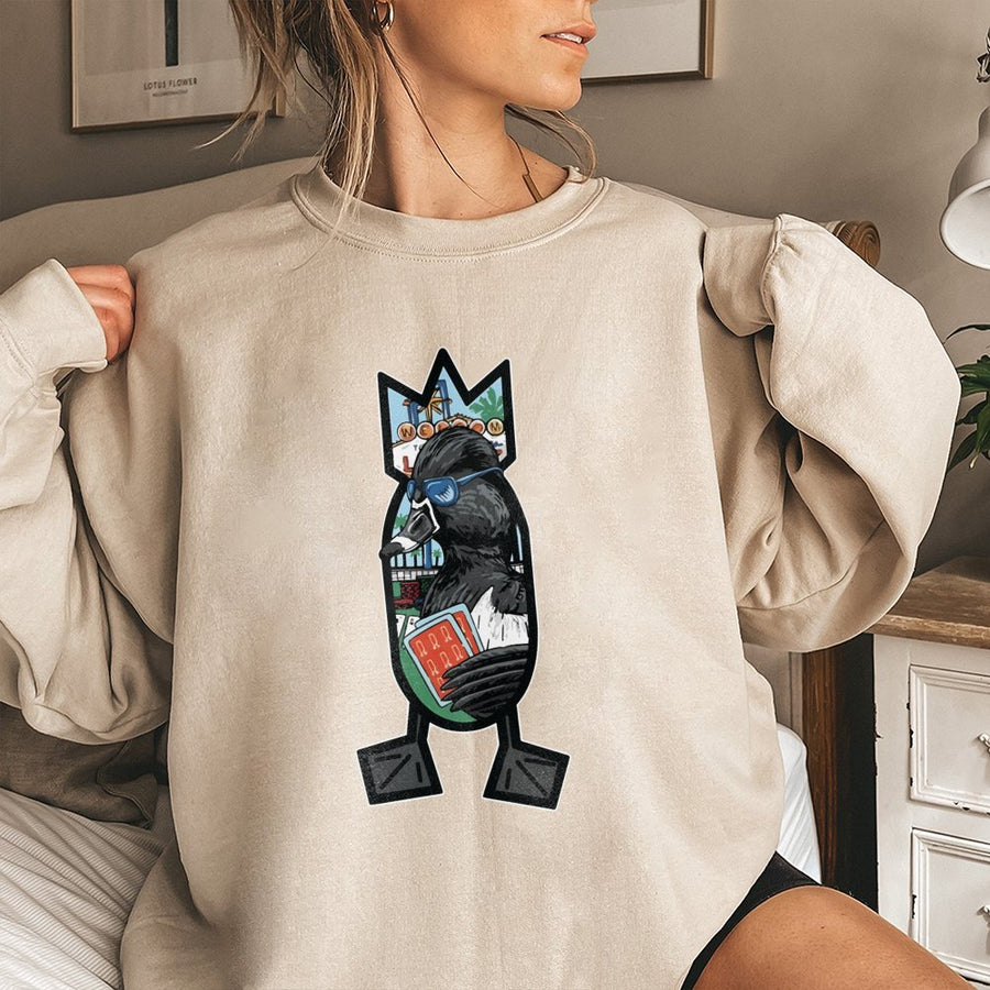 Bomber Duck Sweatshirt | Las Vegas Casino Poker Card Graphic | Soft Cotton Blend | Unique Gift for Gamblers and Waterfowl Lovers
