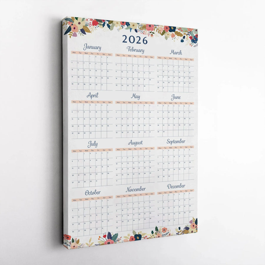 2026 Yearly Calendar Canvas Print | Floral Botanical Wall Art | 1.25-Inch Thick Gallery Wrap | Decorative Home Office Gift