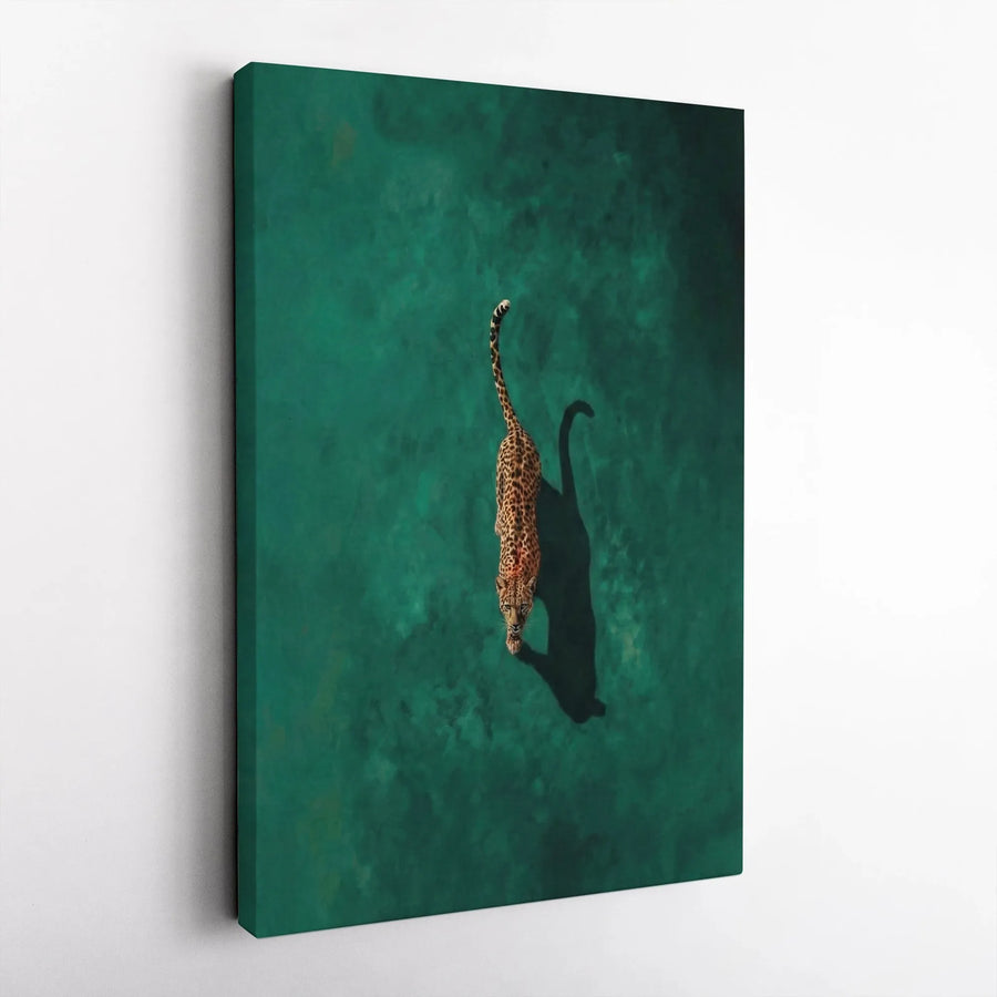 Leopard Canvas Wall Art | Aerial View Stalking Big Cat on Emerald Green | Premium Canvas Print | Modern Wildlife Home Decor Gift
