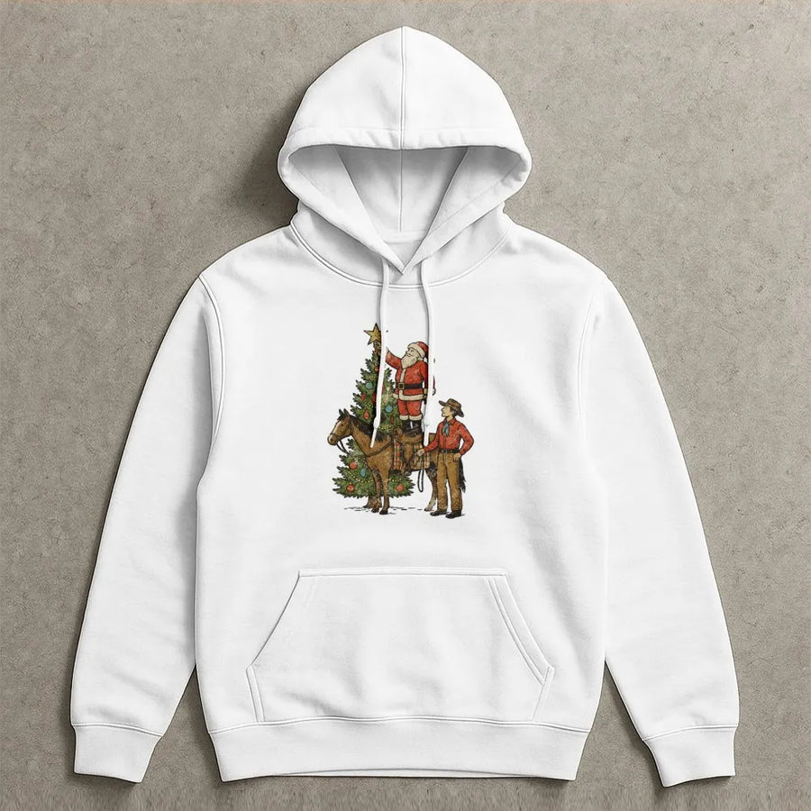 Western Christmas Cowboy Hoodie | Vintage Santa Horse Graphic | Premium Cotton Blend Pullover | Festive Holiday Gift For Him And Her