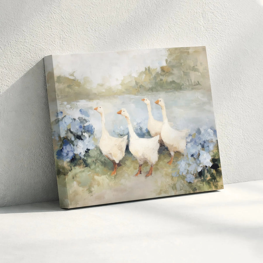 Vintage Geese Canvas Wall Art | Impressionist Country Landscape Painting | Premium Gallery Wrapped Print | Farmhouse Kitchen & Living Room Decor Gift