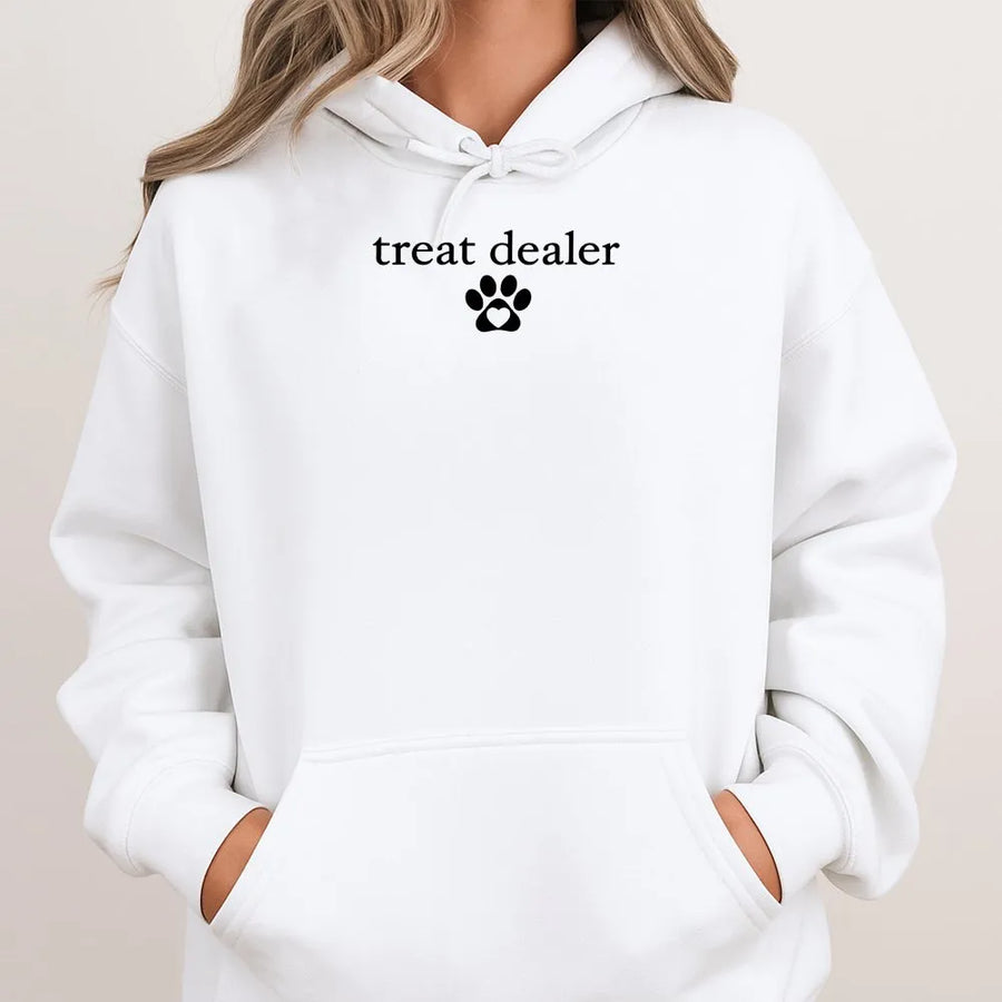 Treat Dealer Hoodie | Funny Dog Lover Paw Print Graphic | Premium Soft Cotton Blend | Gift for Dog Mom, Pet Owner