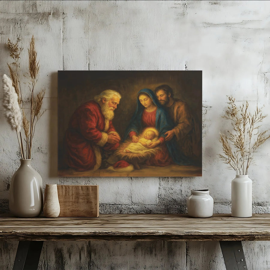 Santa Kneeling at Manger Canvas Print | Religious Nativity Scene Art | Premium Gallery-Wrap Wall Decor | Meaningful Christmas Gift for Home