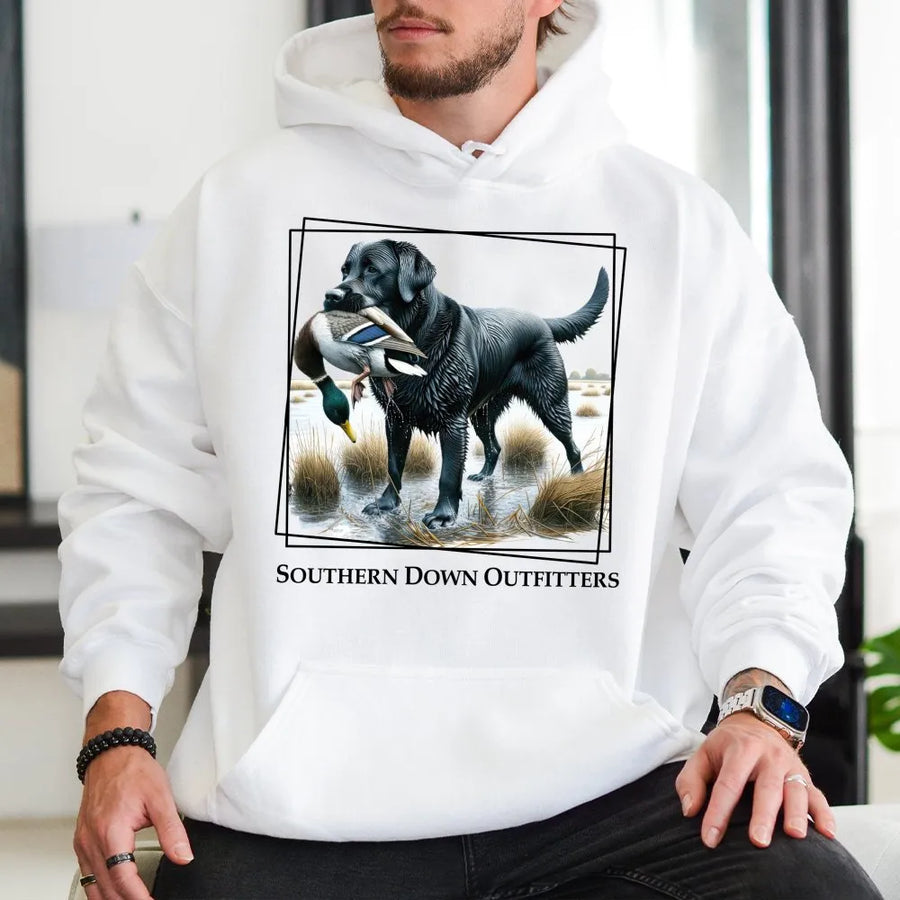 Black Labrador Duck Hunting Hoodie | Retro Retriever Waterfowl Graphic | Premium Cotton Blend | Gift for Hunters and Dog Lovers