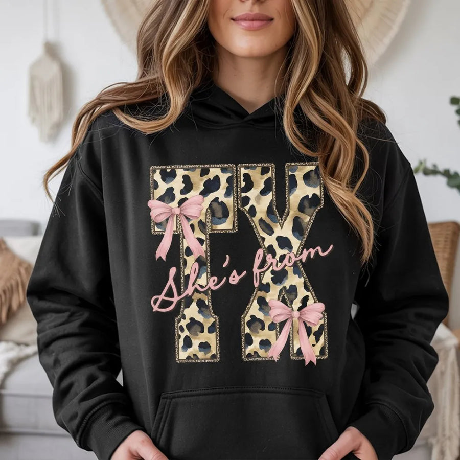 Texas Hoodie for Women | Coquette Leopard Print with Pink Bow | Premium Soft Cotton Blend | She's From Texas Southern Girl Gift