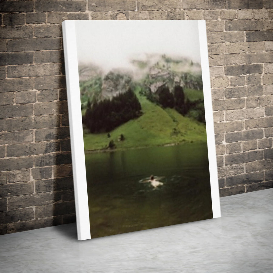 Misty Mountain Lake Vertical Canvas | Serene Wild Swimming Art Print | Premium 1.25" Thick Gallery Wrap | Modern Cabin Decor Gift for Nature Lover