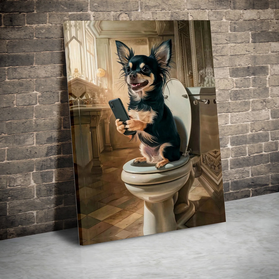 Chihuahua On Toilet Canvas Print | Funny Dog With Smartphone Wall Art | Premium Gallery Wrapped Decor | Unique Bathroom Art Gift