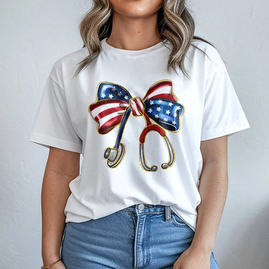 Patriotic Nurse T-Shirt | Coquette Stethoscope American Flag Bow | Premium Cotton Blend | 4th of July Gift for RN