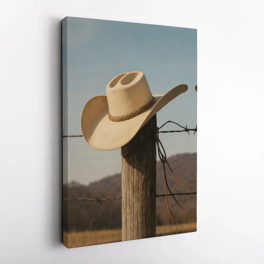 Western Cowboy Hat Canvas Print | Rustic Barbed Wire Fence Art | Premium Gallery Wrapped Wall Decor | Farmhouse Living Room Gift for Him
