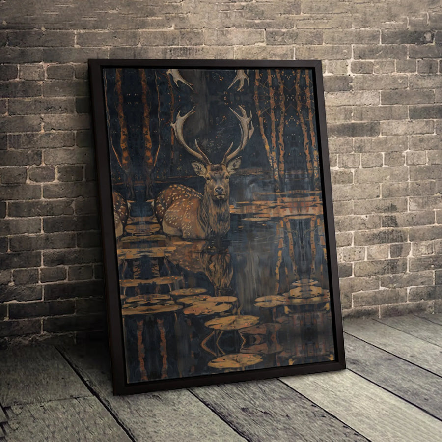 Stag Deer Wall Art Canvas | Moody Forest Pond Reflection Print | Gallery-Quality Premium Decor | Nature Lover Living Room Gift