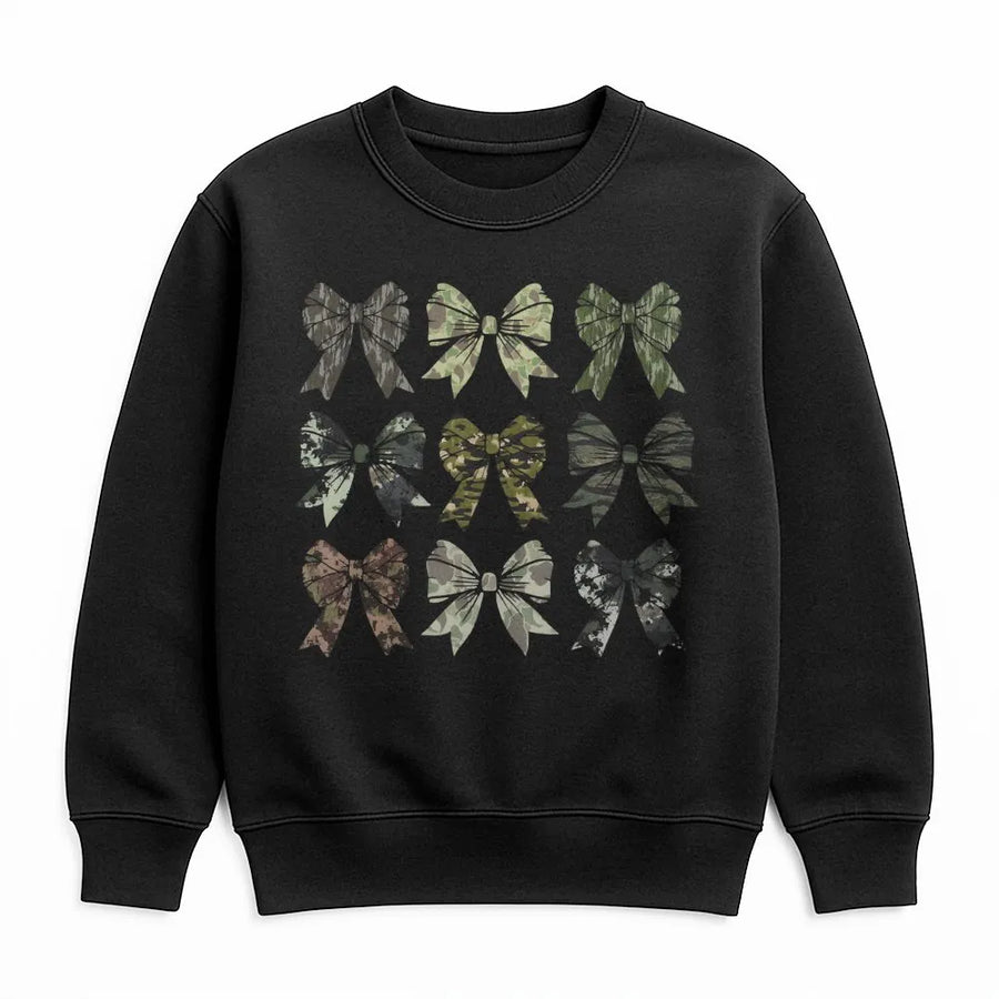 Camo Bow Sweatshirt | Aesthetic Camouflage Ribbon Graphic | Premium Cotton Blend | Country Girl Hunting Gift for Her