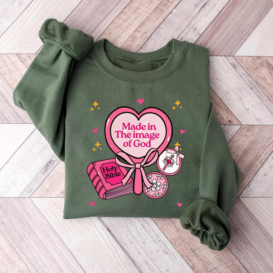 Made In The Image Of God Sweatshirt | Aesthetic Christian Bible Graphic | Soft Cotton Blend Unisex Pullover | Faithful Religious Gift For Women