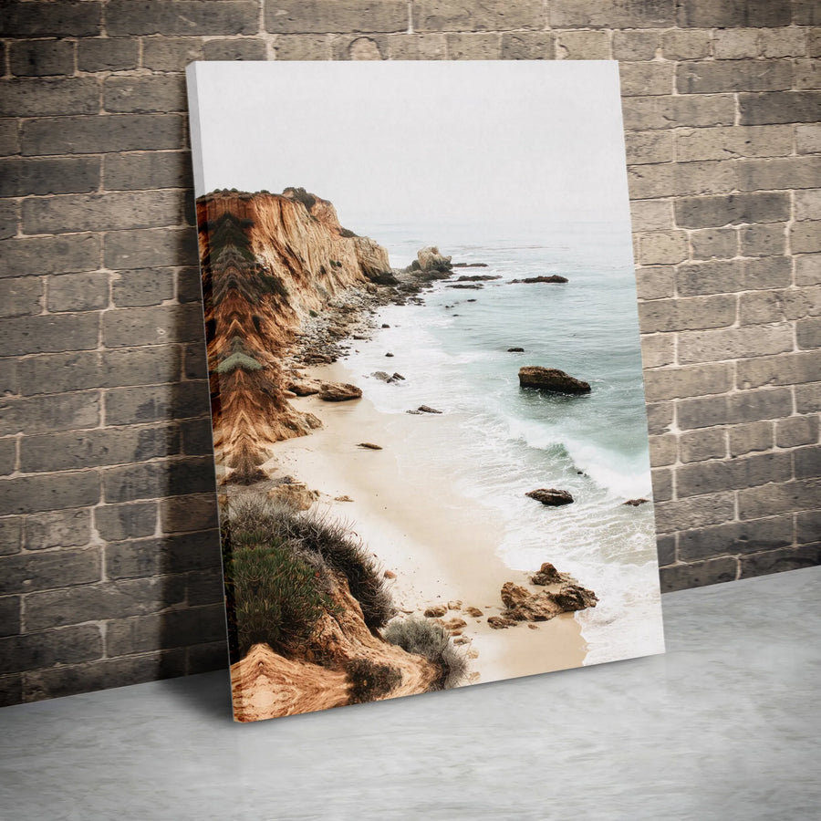 Coastal Beach Ocean Waves Vertical Canvas | Rugged Cliffs & Sandy Shore Landscape Print | 1.25" Thick Gallery Wrap Frameless Wall Art | Serene Beach House Decor Gift