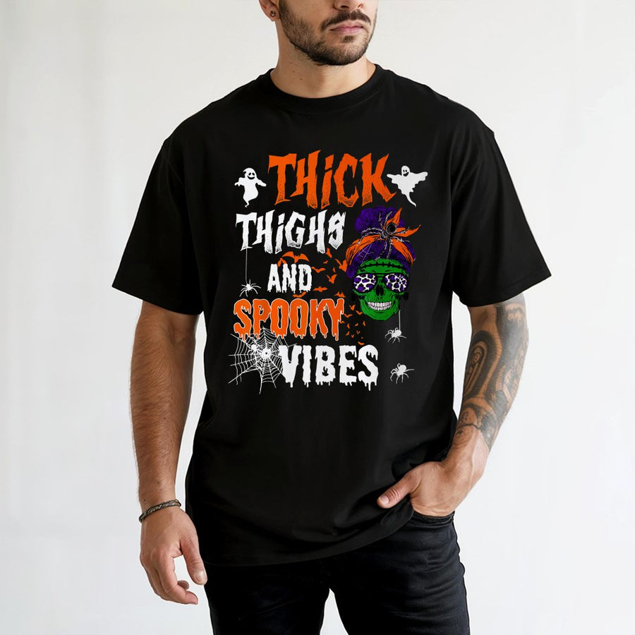 Thick Thighs And Spooky Vibes T-Shirt | Funny Halloween Skull Graphic Tee | 100% Cotton Premium Quality | Cute Witchy Gift For Women