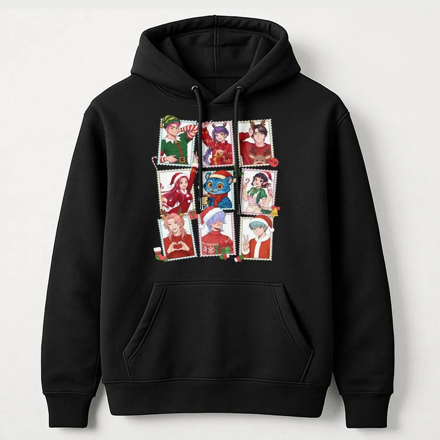 Anime Christmas Hoodie | Cute Manga Boys Holiday Postage Stamp Graphic | Premium Soft Unisex Pullover | Festive Gift for Anime Lovers