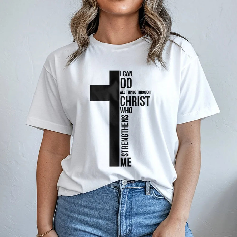 I Can Do All Things Through Christ T-Shirt | Minimalist Cross Graphic Design | 100% Soft Cotton Premium Tee | Faith-Based Religious Gift For Men Women