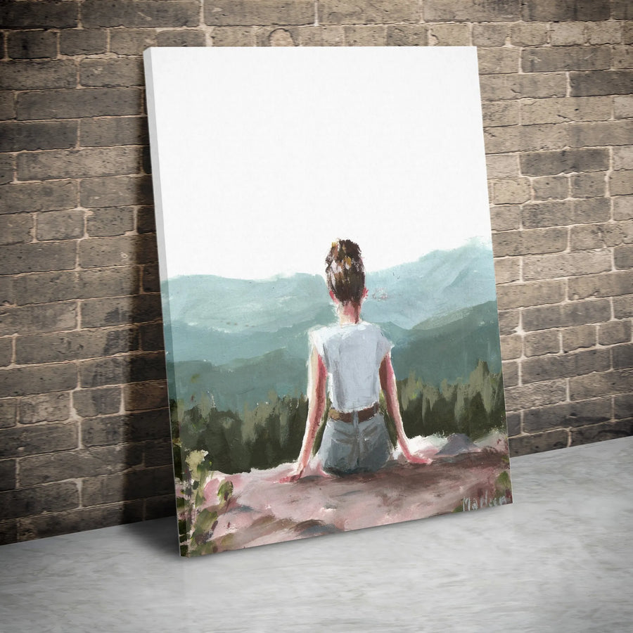 Woman Overlooking Mountains Vertical Canvas | Impressionist Landscape Painting | Premium Thick Gallery Wrap Wall Art | Inspirational Decor Gift for Hiker