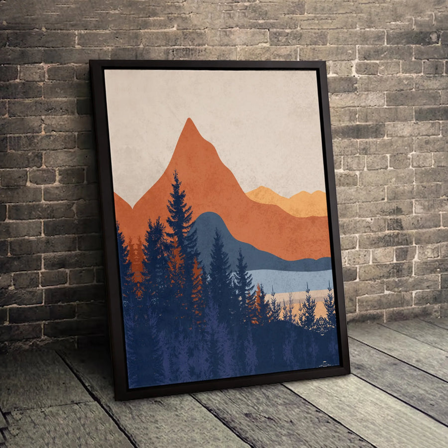 Abstract Mountain Canvas Wall Art | Mid Century Terracotta Pine Forest Print | Premium Gallery Wrap Decor | Modern Home Office Gift