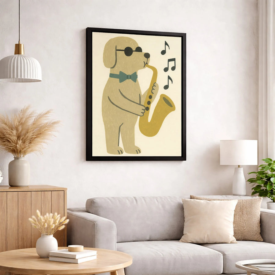 Dog Playing Saxophone Canvas Art | Jazz Musician Puppy Wall Decor | Premium Gallery Wrap Print | Whimsical Music Lover Gift