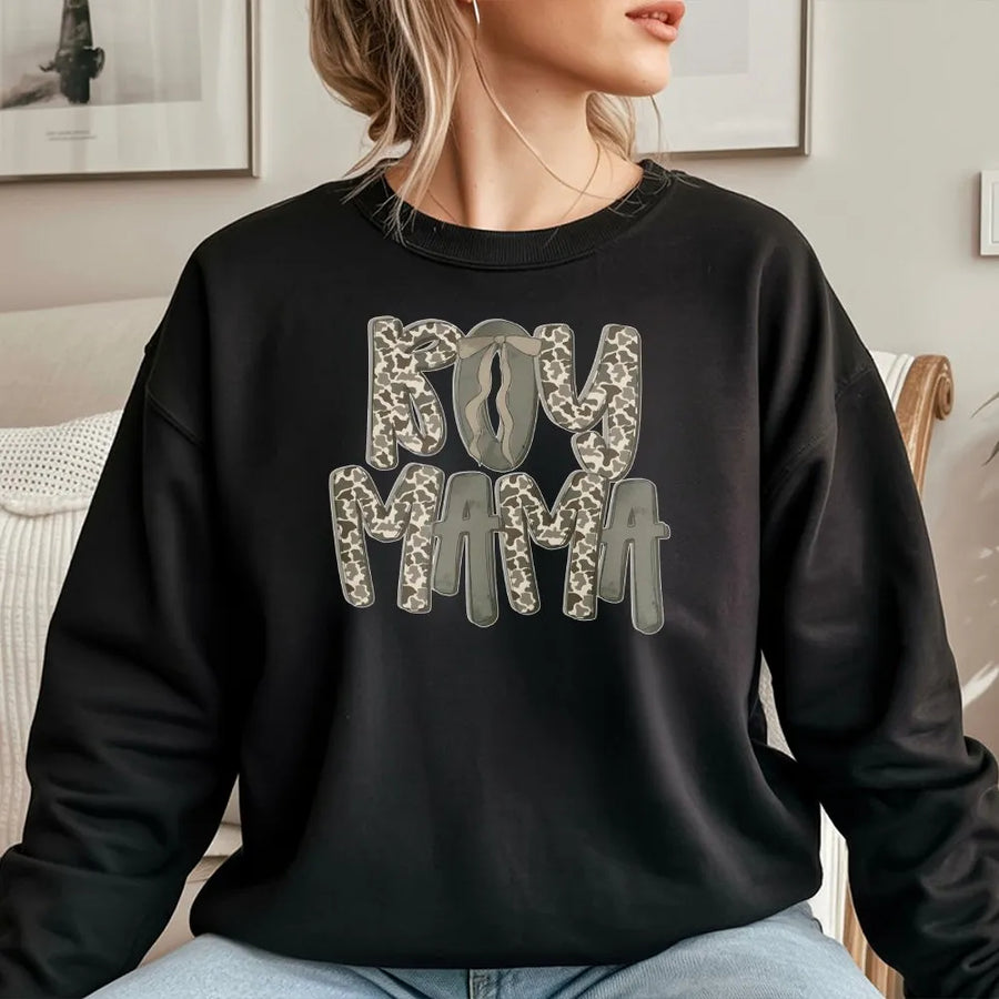 Boy Mama Sweatshirt | Camo Lettering with Bow Graphic | Soft Cotton Tee | Trendy Western Style Gift for Mom