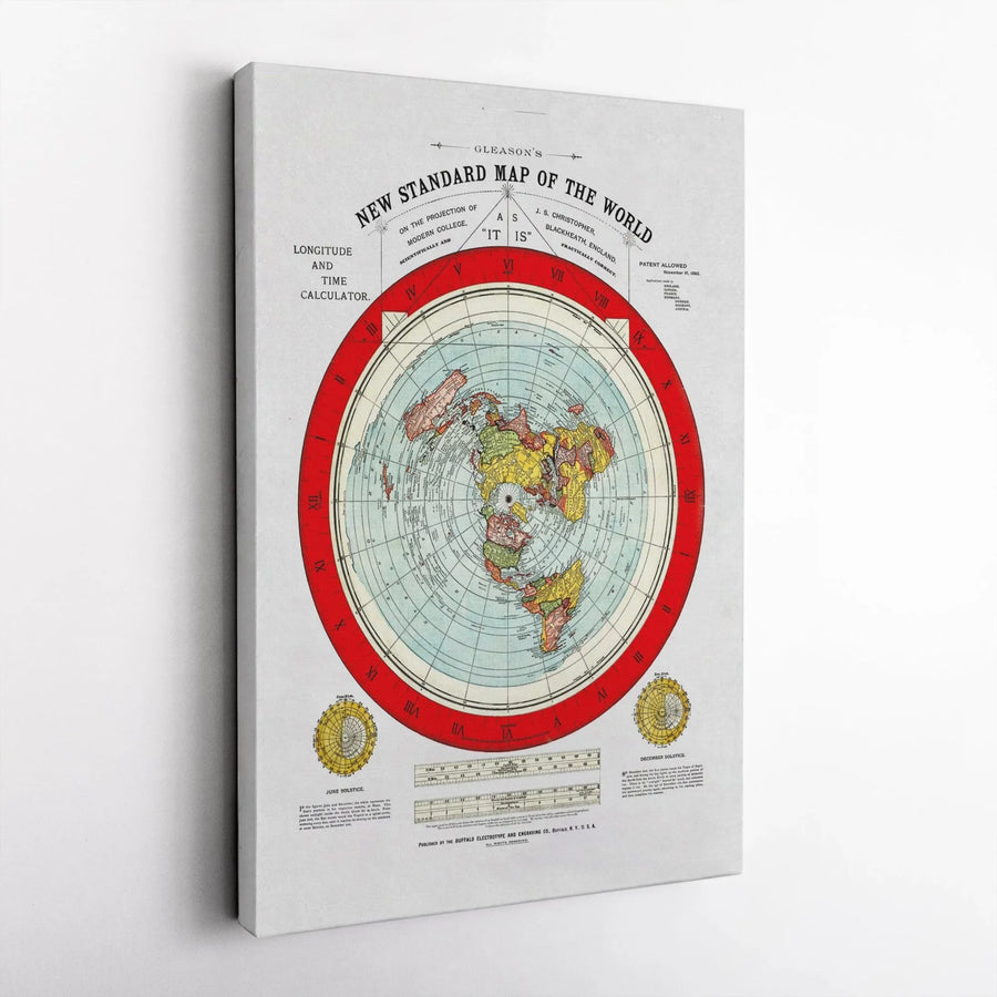 Gleason's New Standard Map Of The World | Antique Flat Earth Projection Wall Art | Gallery Wrapped Canvas | Vintage Cartography Gift For Collectors