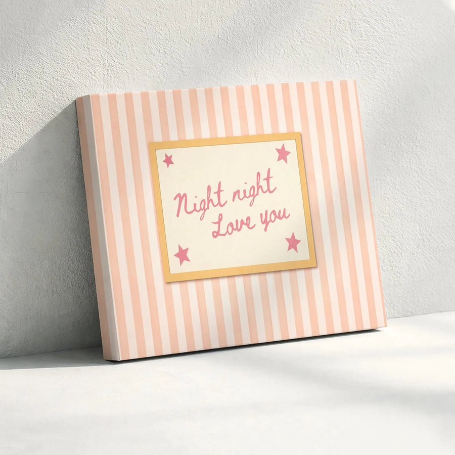 Night Night Love You Canvas Wall Art | Pink Stripes & Stars Quote Print | Premium Gallery Wrap Canvas | Nursery Decor Gift for Kids Room