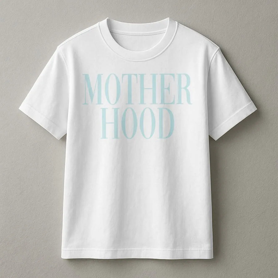 Motherhood Graphic T-Shirt | Minimalist Typography Print | Premium 100% Cotton Tee | Gift for Mom, New Mom or Baby Shower Gift