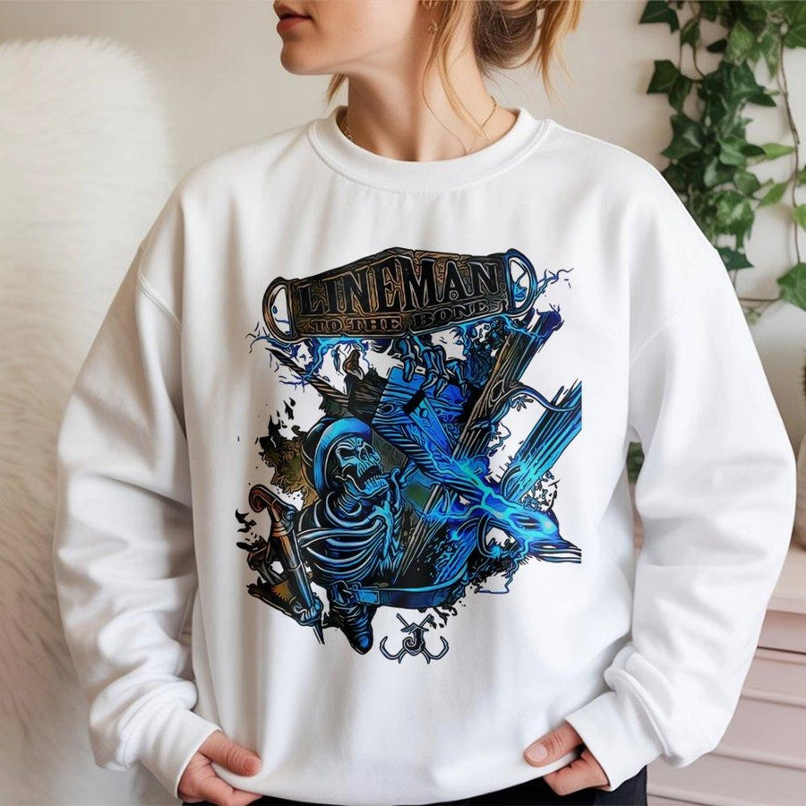 Lineman Sweatshirt | To The Bone Skeleton Graphic Design | Premium Cotton Blend Crewneck | Electrician Gift For Him Lineman Appreciation