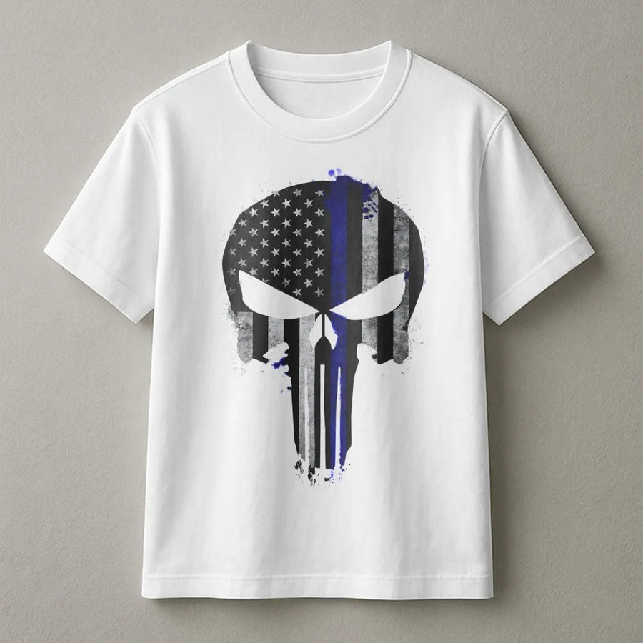 Thin Blue Line Skull T-Shirt | American Flag Law Enforcement Graphic | Premium Soft Cotton | Gift For Police Officers And Supporters