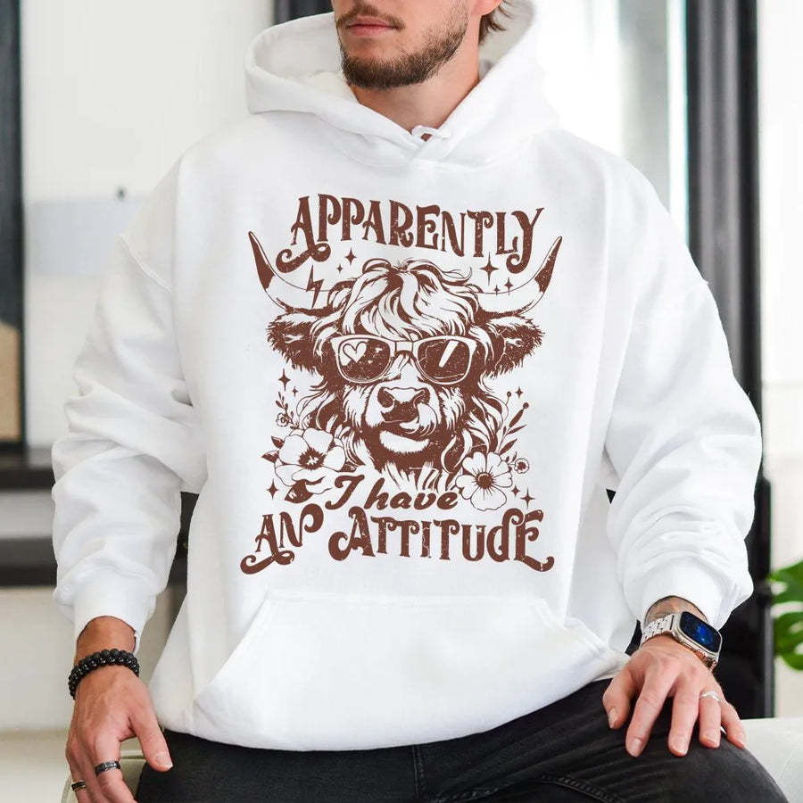 Highland Cow Hoodie | Apparently I Have An Attitude Graphic | Premium Cotton Blend | Funny Farm Animal Gift For Women