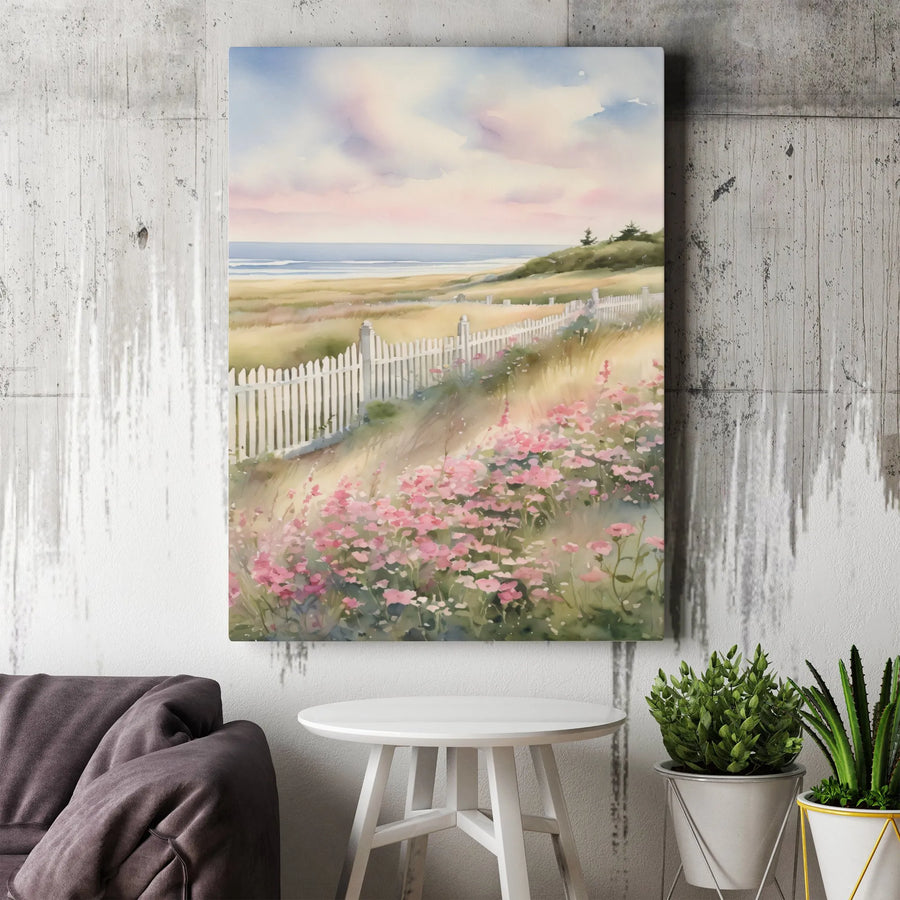 Coastal Watercolor Landscape Canvas Art | Pink Wildflowers and Picket Fence | Gallery-Quality 1.25" Profile | Serene Beach Home Decor